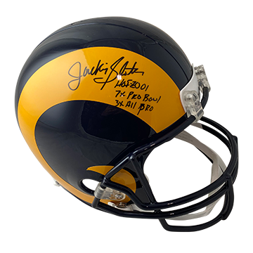 JACKIE SLATER RAMS AUTOGRAPHED 1981-99 4SR4 THROWBACK REPLICA HELMET SIGNED IN BLACK W/ HOF 01, 7X PRO BOWL, AND 3X ALL PRO INSCRIPTIONS (3-2-1-1)