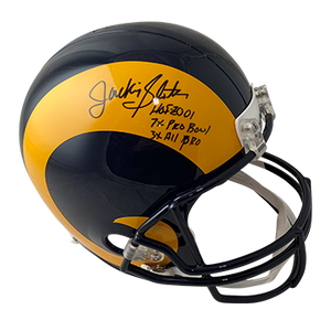 JACKIE SLATER RAMS AUTOGRAPHED 1981-99 4SR4 THROWBACK REPLICA HELMET SIGNED IN BLACK W/ HOF 01, 7X PRO BOWL, AND 3X ALL PRO INSCRIPTIONS (3-2-1-1)