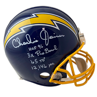 CHARLIE JOINER CHARGERS AUTOGRAPHED VSR4 THROWBACK AUTHENTIC HELMET SIGNED IN WHITE W/ HOF 96, 65 TDS, 3X PRO BOWL, AND 12,146 YDS INSCRIPTIONS (3-2-1-1)