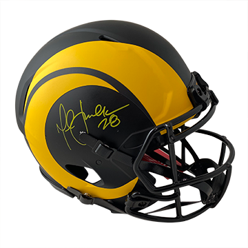 MARSHALL FAULK RAMS AUTOGRAPHED ECLIPSE SPEED AUTHENTIC HELMET SIGNED IN YELLOW W/ #28 INSCRIPTION (3-2-2-1)