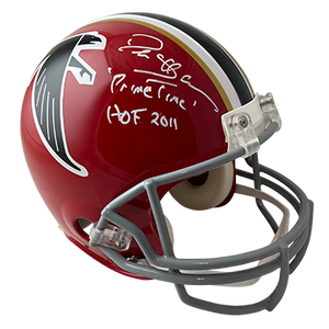 DEION SANDERS FALCONS AUTOGRAPHED 1966-69 THROWBACK AUTHENTIC HELMET SIGNED IN WHITE W/ PRIMETIME, HOF 2011 INSCRIPTIONS (3-2-2-2)