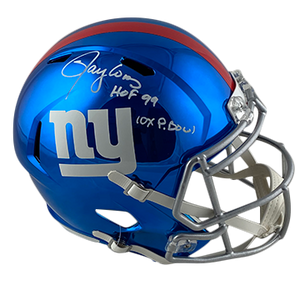 LAWRENCE TAYLOR GIANTS AUTOGRAPHED CHROME SPEED REPLICA HELMET SIGNED IN WHITE W/ HOF 99 & 10X P.BOWL INSCRIPTION (3-4-1-2)