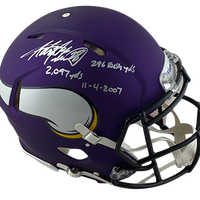 ADRIAN PETERSON VIKINGS AUTOGRAPHED SPEED AUTHENTIC HELMET SIGNED IN SILVER W/ #28, 296 RUSH YARDS, 2,097 YDS, 11/4/2007 INSCRIPTION (3-4-2-2)