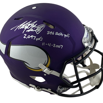 ADRIAN PETERSON VIKINGS AUTOGRAPHED SPEED AUTHENTIC HELMET SIGNED IN SILVER W/ #28, 296 RUSH YARDS, 2,097 YDS, 11/4/2007 INSCRIPTION (3-4-2-2)