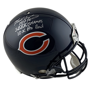 MIKE SINGLETARY BEARS AUTOGRAPHED VSR4 AUTHENTIC HELMET SIGNED IN SILVER W/ HOF 98, SB XX CHAMPS, 10X PRO BOWL INSCRIPTION (3-4-4-2)