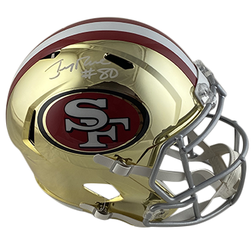 JERRY RICE 49ERS AUTOGRAPHED CHROME SPEED REPLICA HELMET SIGNED IN WHITE W/ #80 INSCRIPTION (3-4-3-3)