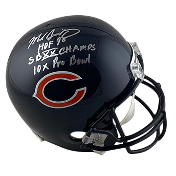 MIKE SINGLETARY BEARS AUTOGRAPHED VSR4 REPLICA HELMET SIGNED IN SILVER W/ HOF 98, SB XX CHAMPS, 10X PRO BOWL INSCRIPTIONS(3-4-4-3)